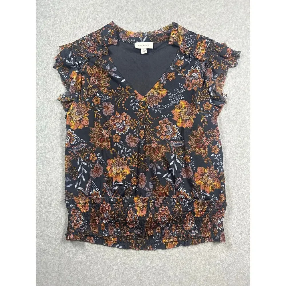 Evereve Earthy Floral V Neck Blouse Women's Large Multicolor Flutter Sleeves - Picture 2 of 6